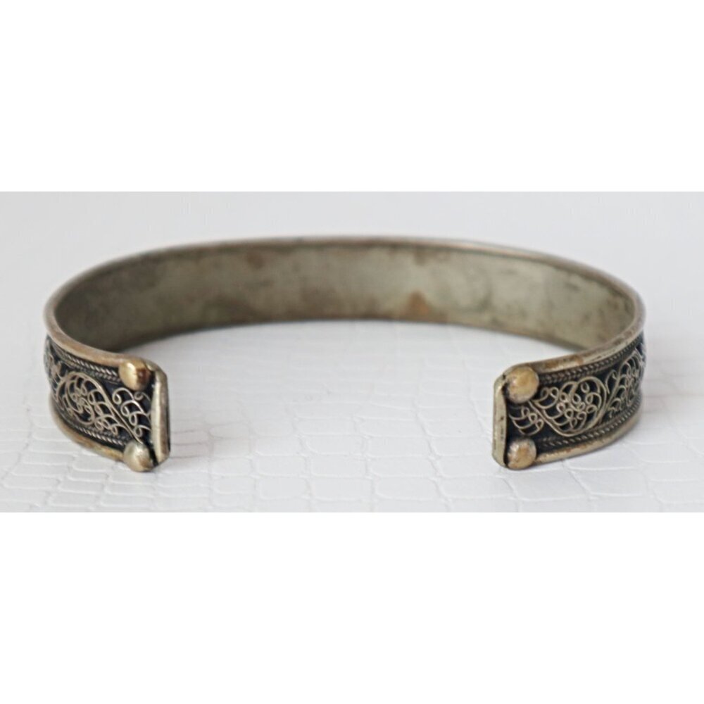 2 Vintage Tribal Silver Filigree Cuff Bracelets Black Onyx & Turquoise - Picture 3 of 6